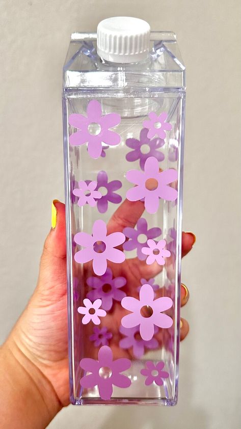 Trendy Water Bottle Purple Flower Print Bottle Kawaii Reusable - Etsy Carton Design, Trendy Water Bottles, Printed Water Bottles, Pink Flower Print, Diy Water Bottle, Water Bottle Gift, Wood Signs Sayings, Reusable Bottle, Milk Carton