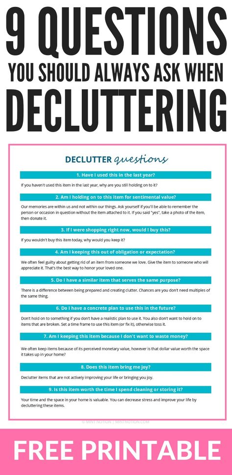 Questions you should ask when decluttering. This FREE printable is a helpful cheatsheet when you're getting rid of clutter. Stop being overwhelmed by stuff and finally learn how to maintain a clean and clutter-free home. Click here to get your free declutter printable! Organisation, Declutter Printable, Declutter Challenge, Binder Printables, Cleaning Painted Walls, Home Binder, Getting Rid Of Clutter, Declutter Your Life, Clutter Free Home