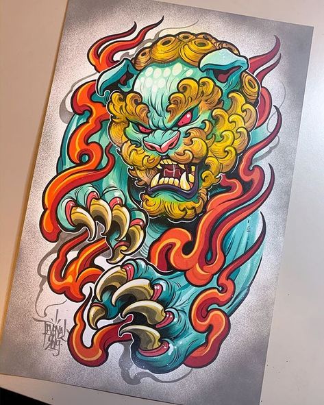 Traditional Tattoo Illustration, David Tevenal, Tato Irezumi, Dog Tattoo Design, Japanese Foo Dog, Foo Dog Tattoo Design, Foo Dog Tattoo, Colored Tattoo Design, Dragon Sleeve Tattoos