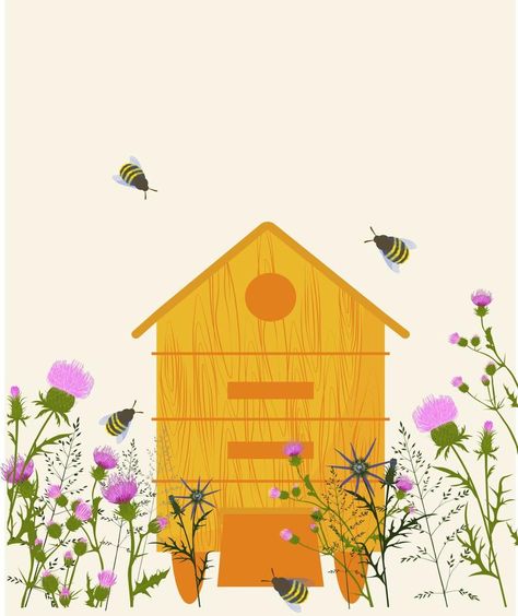 Bee hive in the meadow vector stock illustration. Wildflowers and bees. Postcard. Honey cover logo. Spring, medicinal herbs in the garden. Bee House Illustration, Honey Stick Illustration, Bee Hive Art Illustration, Bee Illustration Graphic Design, Bee Hive Illustration, Mushroom Ephemera, Hive Illustration, Bee Hive Art, Honey Bee Illustration