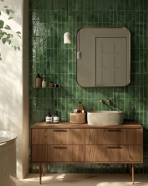 On Day 2 of our 15-day Trendy Material challenge, the SMART TILES Peel and Stick Backsplash stands out with its quick, cost-effective installation and high-end look, perfect for bathroom renovations. These 3D adhesive tiles are easy to install, durable, and humidity-resistant, making them ideal for DIY projects. Highlighted is a bathroom with emerald green tiles, a walnut vanity, brass accents, and a modern oval mirror, showcasing the tiles' elegance and functionality. Green Stacked Tile, Bathroom Remodel Backsplash, Sage Green Bathroom Cabinets, Modern Half Bath, Green Bathroom Tile, Stacked Tile, Patio Floors, Gloss Texture, Decorative Walls