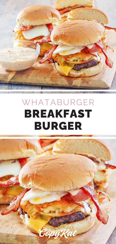 front view of a copycat version of the whataburger breakfast burger. Whataburger Recipe, Breakfast Burger Recipe, Breakfast Hamburger, What A Burger, Brunch Burger, Bread Sandwich, Homemade Tartar Sauce, Breakfast Specials, Breakfast Burger