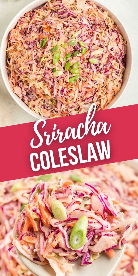 Spicy Side Dishes For Bbq, Sriracha Coleslaw, Spicy Coleslaw Recipe, Sriracha Slaw, Spicy Coleslaw, Asian Coleslaw, Healthy Coleslaw, Summer Potluck, Delicious Slow Cooker Recipes