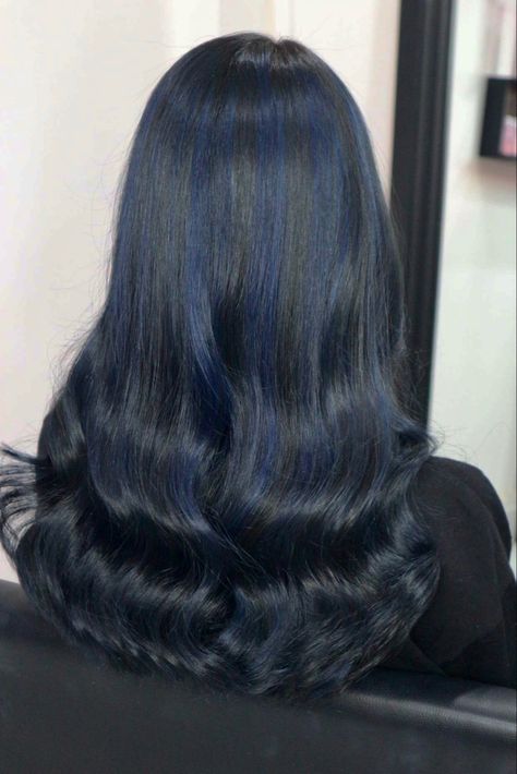 Blue Black Hair Highlights, Dark Hair Blue Highlights, Dark Blue Hair Highlights, Black Blue Hair Color, Navy Blue Hair Color, Blue And Black Hair, Majestic Hair, Midnight Blue Hair, Indigo Hair