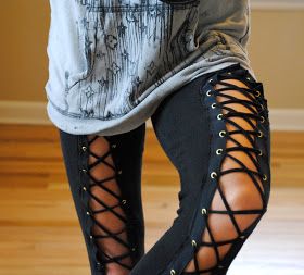 Trash To Couture: DIY Edgy grommet leggings. Diy Lace Up Pants, Diy Fashion Tops, Diy Lace Up, Diy Leggings, Diy Clothes For Women, Trash To Couture, Diy Pants, Couture Ideas, Lace Up Leggings