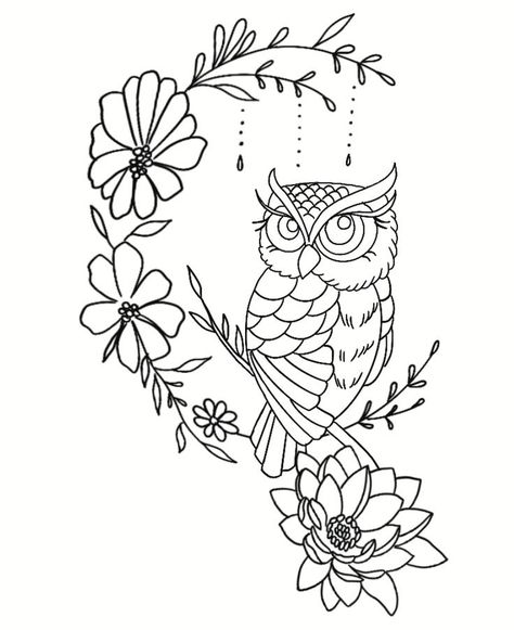 Owl Tattoo Stencil, Cute Owl Tattoo, Light Tattoo, Tattoo Outline Drawing, Owl Tattoo Design, Flower Drawing Design, Drawing Examples, Sketch Tattoo Design, Owls Drawing