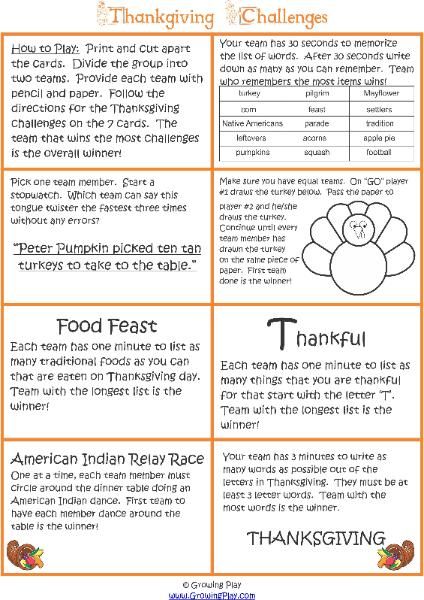 Thanksgiving Challenge - check out this free group game to print to play around the Thanksgiving table from young to old.  Play with teams. Thanksgiving Challenge, Thanksgiving Family Games, Thanksgiving Games For Adults, Fun Thanksgiving Games, Thanksgiving Classroom, Thanksgiving Activities For Kids, Challenge Games, Thanksgiving Crafts For Kids, Thanksgiving Theme