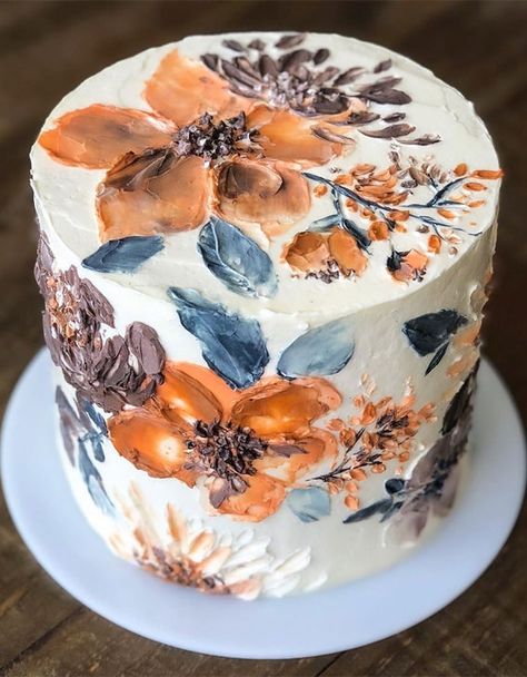 floral painted cake, autumn colored floral painted cake , hand painted cake #handpaintedcake Tårta Design, Fall Cakes, Crazy Cakes, Painted Cakes, Pretty Birthday Cakes, Floral Cake, Fancy Cakes, Cake Decorating Techniques, Piece Of Cakes