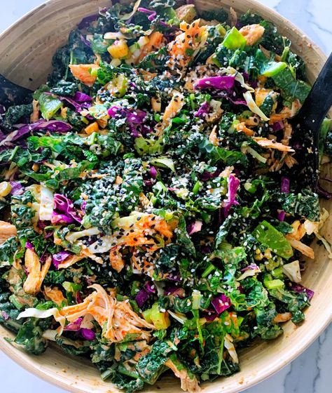 Dinosaur Kale Salad, Asian Kale Recipes, Chopped Kale Salad Recipes, Asian Kale Salad, Peanut Ginger Dressing, Chopped Kale Salad, Kale Greens, Homemade Chili Sauce, Chopped Salads