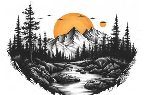 ↑↑↑ Larger size on website 🔸 A black and white illustration of a mountain range with a large orange sun behind it. A river winds  🔸 From Midjourney AI Image Mountain River Tattoo, Montana Tattoo, Drawing Mountains, River Tattoo, Dark Trees, Stylized Illustration, Mountainous Landscape, Dark Tree, Mountain Drawing