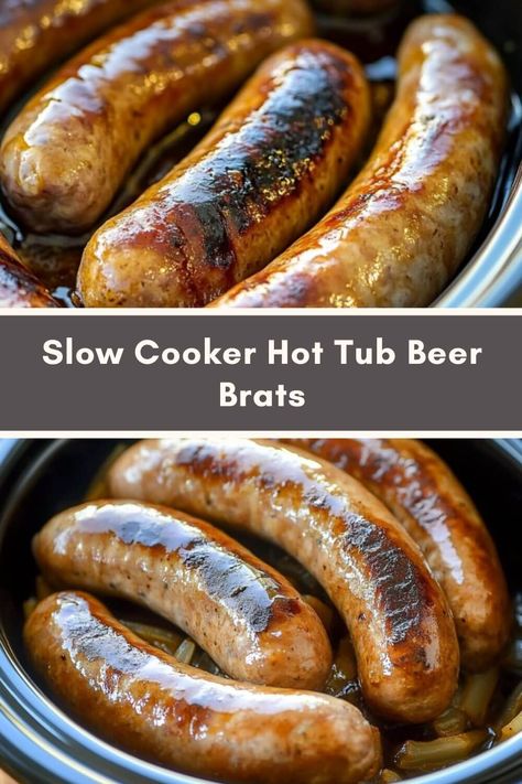 Slow Cooker Hot Tub Beer Brats Beer Braised Brats, Brat Hot Tub Recipe, Crock Pot Beer Brats, Beer Brats Recipe Slow Cooker, Crockpot Hot Dogs Slow Cooker, Brats In Crockpot Slow Cooker, Slow Cooker Beer Brats, Crock Pot Bratwurst, Crock Pot Brats And Peppers