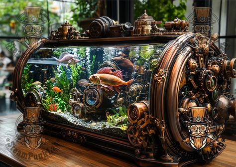 Introducing "Steampunk Aquarium", a spectacular fusion of aquatic nature and industrial engineering. This artistic piece is not only a habitat for colorful fish, but also a work of art rich in steampunk details, with gears, pipes and bronze ornaments that captivate and fascinate. Designed for lovers of unique decoration and aquarium enthusiasts, this aquarium combines functionality and aesthetics, offering an exceptional visual spectacle. The frame, adorned with mechanical elements and copper fi Underwater Ecosystem, Steampunk Rooms, Bronze Ornaments, Steampunk Interior, Steampunk Artwork, Industrial Engineering, Victorian Aesthetic, Steampunk Design, Colorful Fish