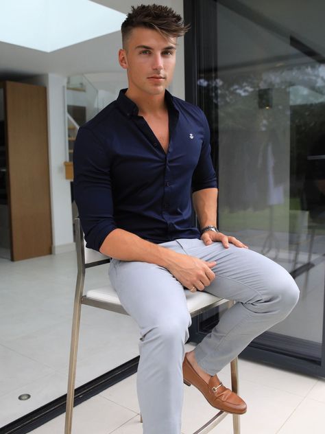 Grey Pant Combination Shirt For Men, Grey Pant Formal Outfit Men, Chino Wedding Outfit Men, Men Formal Casual Outfits, Formal Look For Men Wedding, Light Grey Chinos Men Outfits, Pant Shirt Combination Men Formal Casual, Dark Blue Shirt Outfit Men Casual, Men Lululemon Outfit