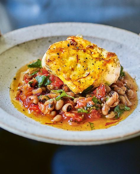 José Pizarro's seared saffron monkfish with black-eyed beans - delicious. magazine Delicious Magazine Recipes, Monkfish Recipes, Dinner Party Mains, Celebrity Chef Recipes, Food Specials, Olive Magazine, Black Eyed Beans, Yummy Seafood, Seasonal Cooking