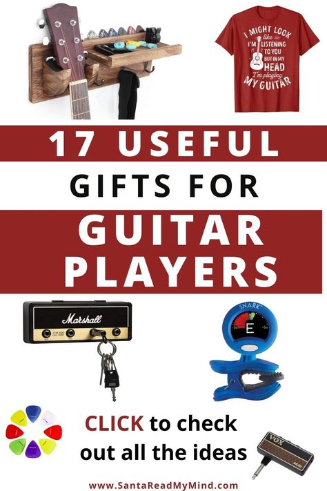 Got a guitar player on your Christmas list? CLICK to check out these 17 useful (and appreciated) gifts for guitar players. The list includes some guitar accessories, some handsome guitar hangers and even a funny shirt. Check them out today... these gifts for guitar lovers and players make great stocking stuffers too. #giftsforguitarplayers #giftsforguitarlovers #christmas #christmasgiftideas #guitar #giftsforboyfriend #giftsforgirlfriends #giftideas Christmas Gift Ideas For Guitar Players, Gifts For Musicians Diy, Guitar Presents Gift Ideas, Gifts For A Guitar Player, Guitar Accessories Gifts, Gifts For Music Lovers Men, Gift Ideas For Guitar Players, Gifts For Guitar Lovers, Guitar Gifts For Him