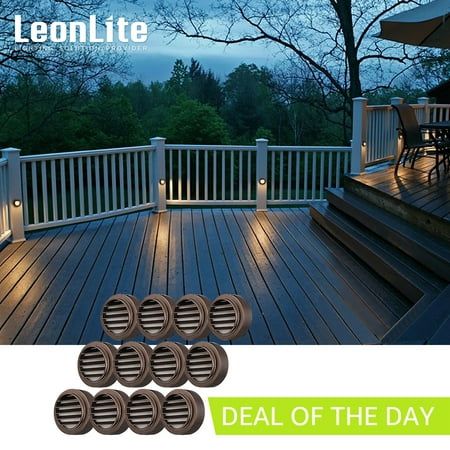 LEONLITE LED Step Lights, Round Deck light, for fences, steps, railing, and decorative stairs lighting. Rubbed Bronze, Pack of 12 LEONLITE's LED Deck light is your ideal choice for fences, steps, railing, and decorative stairs lighting. Uniform Lighting The unique louver baffle design delivers softer downward lighting that is free of glare. The high 90+ CRI lets this light bring the natural and vivid color of objects. The long 30,000hrs lifespan lets this deck light provide you with long-lasting lighting. Quality You Can Trust The 12-24V AC/DC low voltage power makes this deck light safe to use around people and pets like dogs while also letting it work with most 12V landscape lighting systems. IP65 waterproof rated, the aluminum housing provides outstanding corrosion and rust resistance e Front Deck Lighting Ideas, Deck Lighting Ideas Railing, Outdoor Deck Lighting Ideas, Decorative Stairs, Steps Railing, Deck Lighting Ideas, Yard Lighting, Deck Post Lights, Floor Lanterns