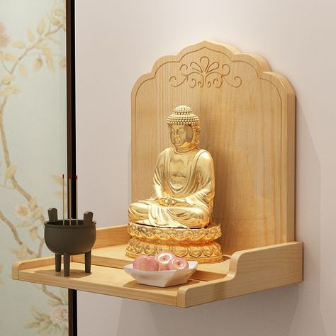 Wooden Wall Shelf, Altar Design, Wood Buddha, Wall Cupboard, Buddhist Altar, Cheap Storage, Wooden Wall Shelves, Collection Display, Crafts Home