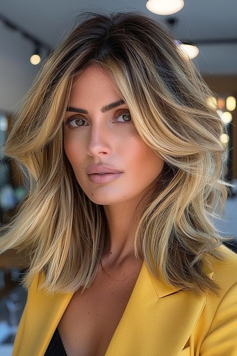 Bouncy Medium Length Hair, Blond Lob Haircut, Medium Length Blowout Styles, Medium Length Blowout, Long Lob Haircut, Voluminous Layers, Strands Of Hair, Blonde Ends, Layered Cut