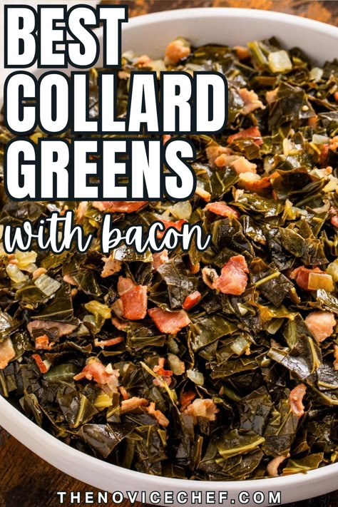 These southern Collard Greens are the ultimate comfort food side dish made in one-pot! The combination of tender collard greens, crispy bacon, and a hint of beer adds a delicious depth of flavor to this collard greens recipe. Crockpot Collard Greens, Easy Collard Greens Recipe, Greens With Bacon, Greens Recipe Soul Food, Collard Greens With Bacon, Vegan Collard Greens, Southern Collard Greens, Collard Greens Recipe, Side Dishes For Chicken