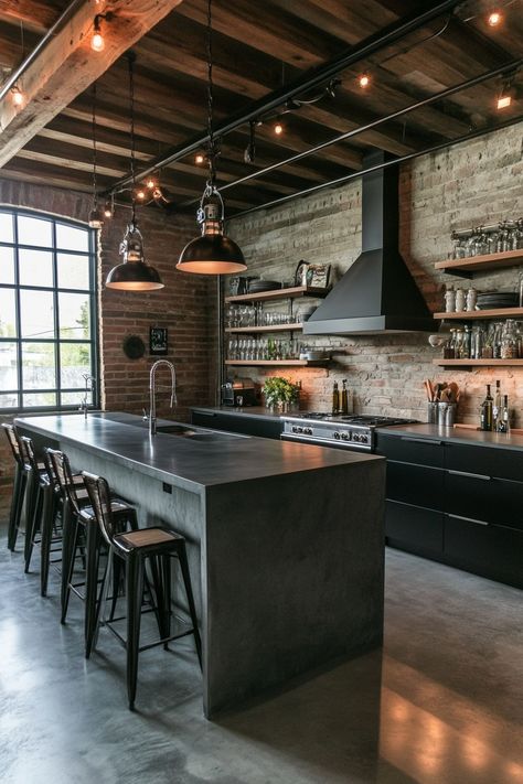 Embrace the latest kitchen design trend with this stunning industrial-chic look! Exposed brick, sleek black cabinets, and polished concrete countertops create a bold and modern vibe. Perfect for lovers of urban elegance. #kitchendesign #homedecor #industrialstyle Rustic Modern Kitchen Ideas, White Modern Kitchen Ideas, Loft Garage, Vintage Farmhouse Sink, Coastal Farmhouse Kitchen, Modern Kitchen Ideas, Industrial Kitchen Design, Farmhouse Kitchen Ideas, Rustic Barn Door