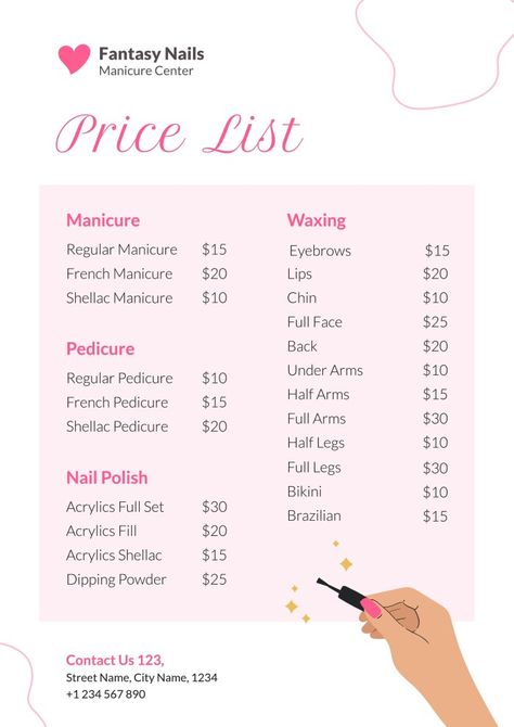 Nail Posters Ideas, Nail Prices By Length, Prices For Nails, Nail Tech Calender, Bracelet Price List, Nail Price List Templates, Nail Tech Inventory List, Nail Salon Price List Ideas, Nail Price List Ideas Beginner