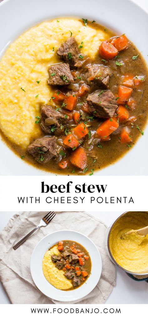 Beef Stew with Cheesy Polenta. So delicious and the perfect comfort food dish. The parmesan polenta is so cheesy and creamy, and the beef stew with carrots is so tasty. #comfortfood #beefstew #dinnerideas Creamy Beef Stew, Carrot Stew, Beef Stew Stove Top, Oven Beef Stew, Cheesy Polenta, Italian Beef Stew, Parmesan Polenta, Beef Stew Meat, Beef Stew Recipe