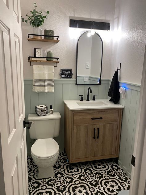 Ceramic Tile Half Wall Bathroom, Modern Half Bathroom Wallpaper, Shiplap Bathroom Small Half Baths, Half Bath Renovation On A Budget, Basic Half Bathroom Ideas, Minimal Half Bath, Half Paneled Walls Bathroom, Small Half Bath Shiplap Wall, Small Bathroom With Half Wall