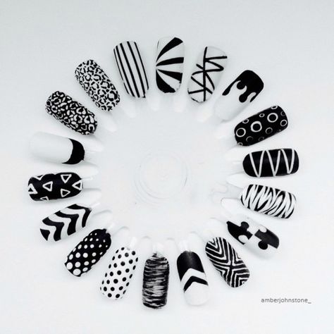 Monochrome Nail Art #monochrome #nails Black Nd White Nail Design, Black White Nail Art Designs, Nail Art Designs Grey Black White, Nail Wheel Design, Nail Art Hitam Putih, Nail Art Designs Black And White, Black And White Gel Nail Designs, Dotting Nail Art Designs, Nail Art White And Black