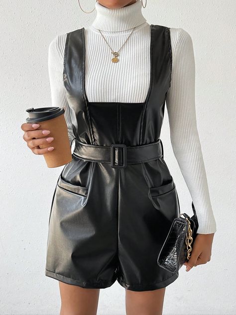 Black Casual Collar Sleeveless PU Leather Plain Other Embellished Non-Stretch  Women Clothing Black Casual, Rompers Women, Jumpsuits For Women, Women Clothing, Pu Leather, Jumpsuit, Rompers, Collar, Clothes For Women