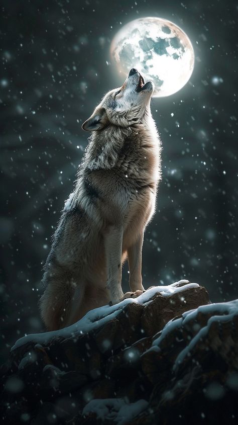 Wolf Howling Moonlight: A solitary wolf stands atop a snowy rock, howling at the full moon on a serene night. #wolf #moon #snow #howling #night #winter #wildlife #nature #aiart #aiphoto #stockcake https://ayr.app/l/sPjA Wolf Puppy, Wolf Life, Wolf Images, Wolf Photography, Puppy Drawing, Wolf Photos, Wolf Spirit Animal, Wolf Wallpaper, Wolf Love