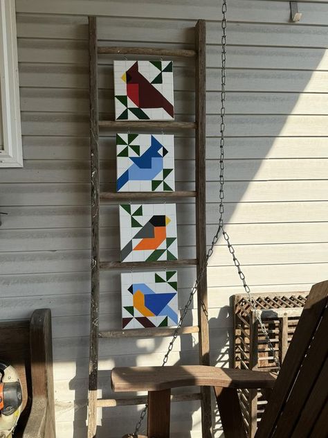 Barn Quilt Addicts | My first barn quilt project | Facebook Barn Quilt Ladder, Old Wooden Ladders, Ladder Display, Quilt Ladder, Painted Barn Quilts, Wooden Ladder, Barn Quilt, Barn Quilts, Bluebird