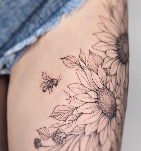 Sunflower Tattoo | Tattoo Ideas and Inspiration | asya.tattoo Sunflower Tattoo Thigh, Sunflower Tattoo Sleeve, Sunflower Tattoo Shoulder, Bat Tattoo, Sunflower Tattoos, Sunflower Tattoo Design, Tattoo Cover-up, Sunflower Tattoo, Hip Tattoo