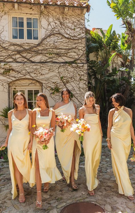 Jasmine Halter Maxi Dress ~ Pale Yellow Luxe Satin Colorful Bridesmaid Dresses Summer, Champagne Bridesmaid Dresses Not Satin, Peach Cream Bridesmaid Dresses, Off Shoulder Yellow Dress, Mallorca Wedding Bridesmaids, Bridesmaid Dresses Pale Yellow, Bridesmaid Dresses For Spring, Bridesmaid Dress Same Color Different Style, Pale Yellow Bridesmaids Dresses