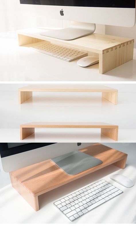 Desk Monitor Stand Diy, Wooden Laptop Desk, Desk For Monitor, Laptop Stand For Desk Diy, Laptop Stand Desk, Desk Laptop Stand, Wooden Laptop Stand For Desk, Wood Monitor Riser, Home Office Two Monitors Desk Ideas