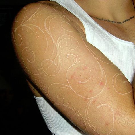 White ink People Tattoos, White Ink Tattoos, Black People Tattoos, Simple Tattoos For Women, White Tattoos, White Ink Tattoo, Upper Arm Tattoos, Skin White, Arm Tattoos For Women