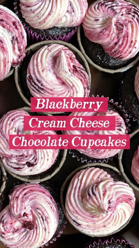 There is so much to love about these cupcakes, from the rich, moist chocolate cake base to the creamy and tangy blackberry cream cheese frosting. These Blackberry Cream Cheese Chocolate Cupcakes are the perfect treat to share with the whole family! Blackberry Cream Cheese, Cake Base, Gourmet Cupcakes, Rich Chocolate Cake, Moist Chocolate Cake, Yummy Cupcakes, Desserts To Make, Dessert Cupcakes, Baking Sweets