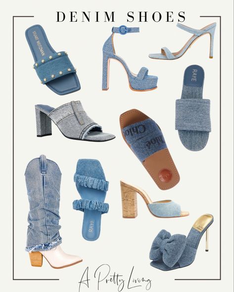 Denim Shoe Trend 💙 #shoes #denimshoes #denim #heels #slides #boots #denimheels #denimslides #denimtrend #fashiontrends #springshoes Follow my shop @APrettyLiving on the @shop.LTK app to shop this post and get my exclusive app-only content! #liketkit #LTKGiftGuide #LTKstyletip #LTKshoecrush @shop.ltk https://liketk.it/46pFy Denim Mules Shoes Outfit, Denim Shoes For Women, Denim Slides Outfit, Denim Heels Outfit Ideas, Denim Heels Outfit, Denim Shoes Outfit, Denim Footwear, Jean Heels, Mule Shoes Outfit