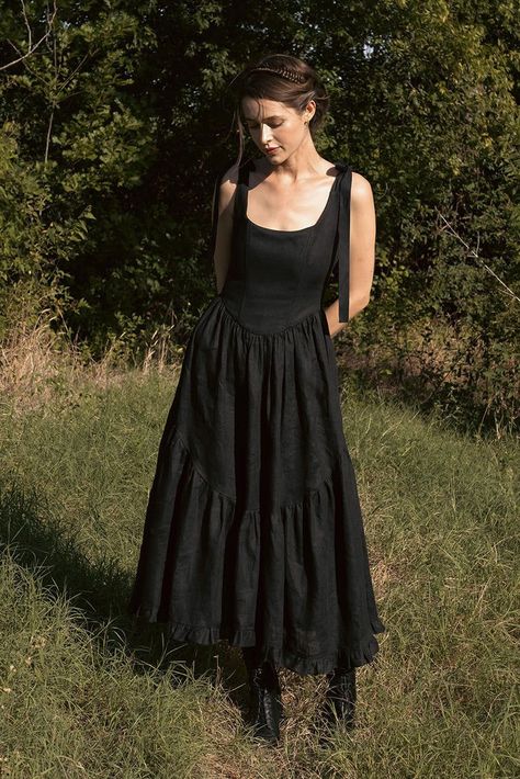 Mirabelle Dress in Black Linen -  #Black #Dress #Linen #Mirabelle Of Her Own Kind Dress, Whimsigoth Black Dress, Spring Black Tie Dress, Cottagecore Outfits Black, Tied Back Dress, Gothic Summer Dress, Black Cottage Core Dress, Casual Black Wedding Dress, Black Linen Dress Outfit Summer