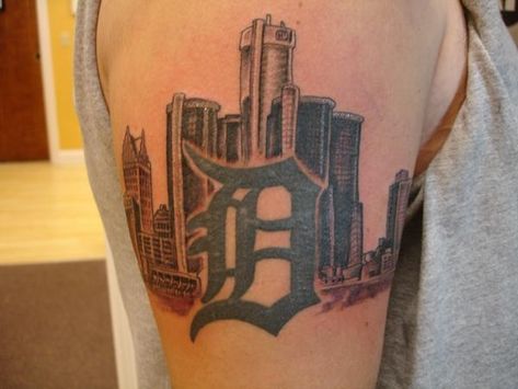 Detroit Tattoo Ideas, Detroit Tattoo, Skyline Tattoo, Detroit Skyline, Arm Tats, City Tattoo, Sleeves Ideas, Tattoo Cover-up, Time Tattoos