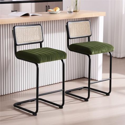 Chairs For Kitchen Island, Green Bar Stools, Stools For Kitchen, Rattan Counter Stools, Counter Stools With Backs, Mid Century Modern Bar, Rattan Bar Stools, Condo Furniture, Stools For Kitchen Island