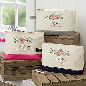 Buy personalized makeup bags for your bridal party. Add name, title and wedding date to each of the makeup bags. Free personalization & fast shipping. Monogram Cosmetic Bag, Pink Makeup Bag, Personalization Mall, Boat Tote, Personalized Makeup Bags, Canvas Makeup Bag, Embroidered Canvas, Personalized Canvas, Personalized Bridesmaid Gifts