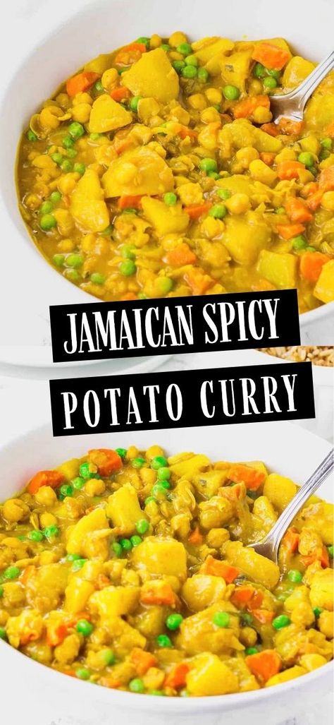 This Jamaican Spicy Potato Curry (Vegan) version is full of flavors! Chunky potatoes are cooked in spices along with chickpeas, carrots, and green peas. Chickpea And Potato Curry, Spicy Vegan Recipes, Vegan Curry Recipes, Jamaican Cuisine, Jamaican Dishes, Vegetarian Curry, Vegan Potato, Potato Curry, Curry Dishes