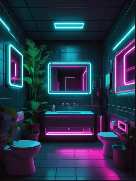 Cyberpunk Bathroom, Neon Lounge, Neon Guts, Neon Bathroom, Neon House, Scifi Interior, Neon Tattoo, Disco Bar, Karaoke Bar