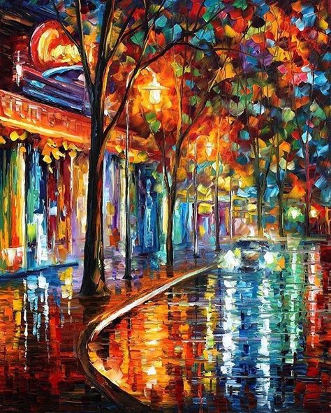 Leonid Afremov uses vibrant colors to express the emotional joys of life's simplest moments. Night Cafe, Leonid Afremov, Oil Painting Texture, Leonid Afremov Paintings, Night Painting, Colorful Paintings, Modern Wall Art, Oil Painting On Canvas, Painting Inspiration