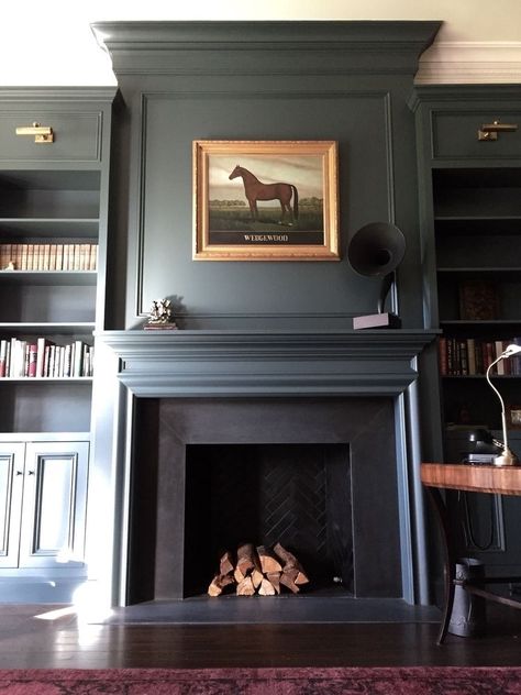 Sincerely, Tennessee (Posts tagged architecture) Off Center Fireplace Vaulted Ceiling, Dark Blue Fireplace Mantle, Foe Fireplace, Blue Living Room Fireplace, Molding Above Fireplace, Dark Fireplace Wall, Study Fireplace, Bold Fireplace, Study With Fireplace