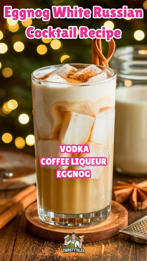 "Indulge in the festive flavors of the Eggnog White Russian Cocktail! This delightful twist on the classic White Russian recipe combines creamy homemade eggnog with rich vodka and coffee liqueur. Perfect for holiday gatherings, this Eggnog cocktail is sure to impress your guests. Discover easy White Russian recipes and elevate your holiday celebrations with this delicious Egg Nog drink. Cheers to a cozy winter with the ultimate Eggnog White Russian!" Egg Nog Shake Recipe, Egg Nog Recipe Alcoholic, Alcohol Eggnog Drinks, Egg Nog White Russian Recipe, Egg Nog Liqueur Recipes, Dirty White Russian Recipe, Christmas White Russian Cocktail, Christmas Eggnog Cocktails, Eggnog Christmas Drinks