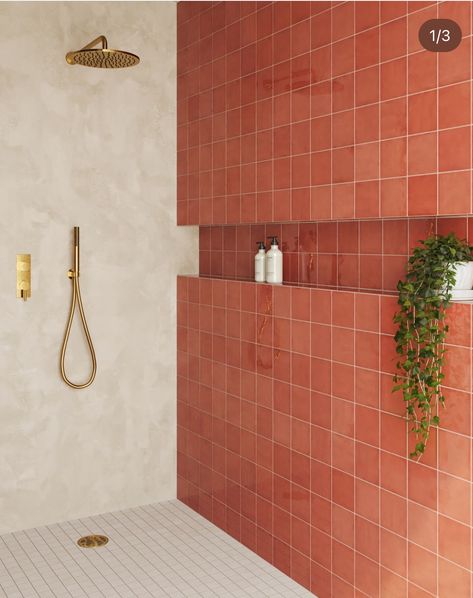 Coral Tiles Bathroom, Colored Tiles Bathroom, Color Pop Bathroom, Salmon Tile Bathroom, Coral Tile Bathroom, Green And Coral Bathroom, Colorful Tiles Bathroom, Funky Bathroom Tile, Bathroom Low Ceiling