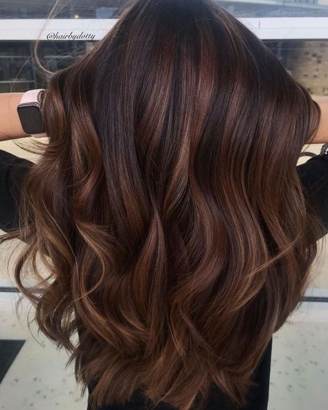 Two-Tone Dark Chocolate Hair Color Dark Chocolate Hair Color, Dark Chocolate Hair, Rambut Brunette, Hair Color Chocolate, Hair Color Caramel, Brunette Balayage, Caramel Highlights, Brunette Balayage Hair, Brown Hair Balayage