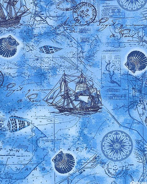 Nautical Mile - Misty Marina - Ocean Blue Blue Seashell, Fantasy Map Making, Map Making, Timeless Treasures Fabric, Quilt Fabrics, Nautical Map, Star Quilt Patterns, Novelty Fabric, Baby Themes