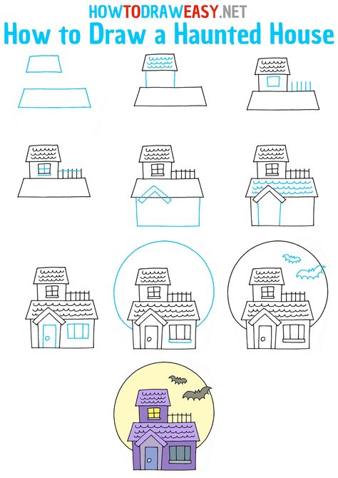 How to Draw a Haunted House Step by Step #HauntedHouse EasyDrawings #HowtoDrawaHouse #HowtoDrawaHalloweenHouse #HalloweenDrawings #HalloweenDrawingIdeas #DrawingIdeas #Bat #Bats #EasyDrawingTutorials #HalloweenDrawing #Moon #MoonDrawing #BatDrawing Draw A Haunted House, October Doodles, Easy Haunted House, Haunted House Drawing, Easy Halloween Drawings, Simple House Drawing, Draw Halloween, How To Dr, Halloween Art Projects